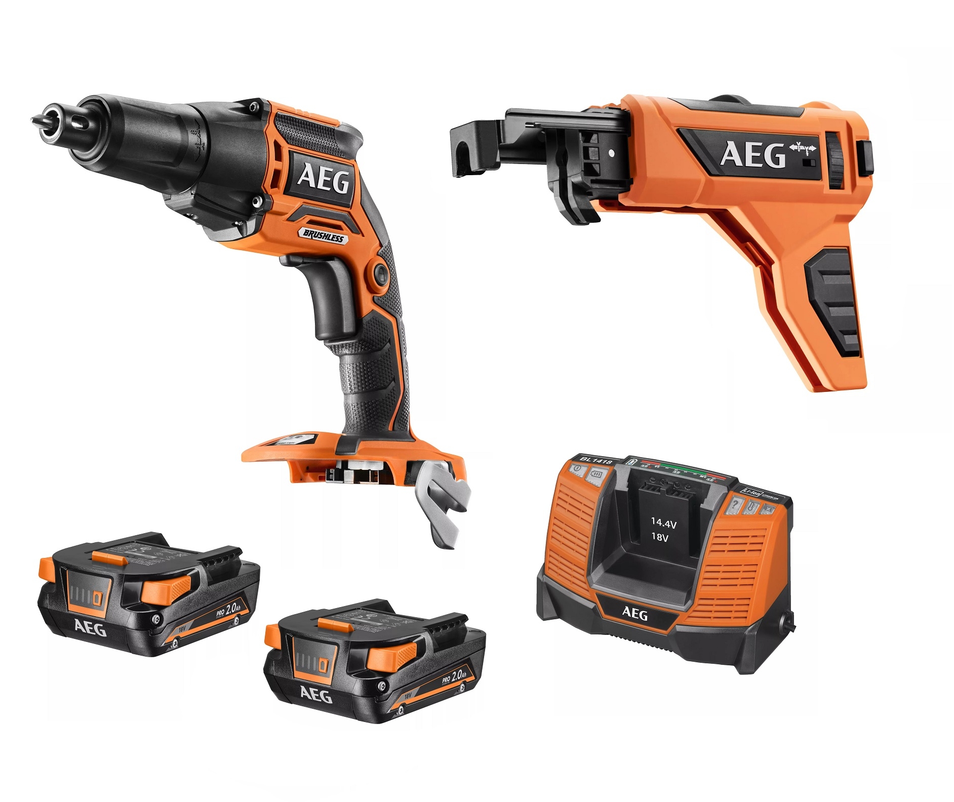 AEG Pro18V BTS18BLBSA-202C Bürstenloser Akku-Trockenbauschrauber mit Akkus 2,0 Ah und Vorsatz
