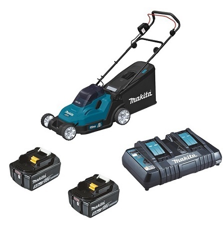 Makita Akku-Rasenmäher 2x18 V  5,0 Ah 2 Akkus + Doppelladegerät (Art. DLM432PT2)
