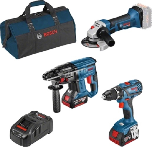 Bosch Combo Kits 18V-Set: GSR + GBH + GWS + 2x GBA 5.0Ah, GAL, Werkzeugtasche (Art. 0615990M0W)