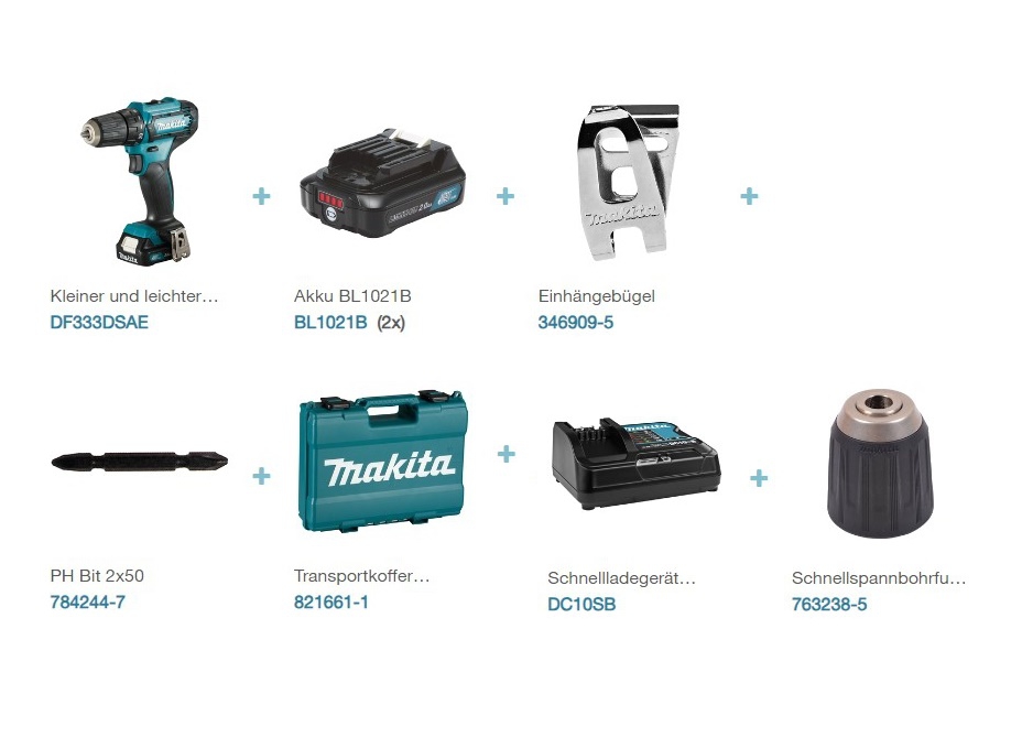 Makita Akku-Bohrschrauber 12,0 V mit 2 Akkus 2,0 Ah im Koffer (Art. DF333DSAE)